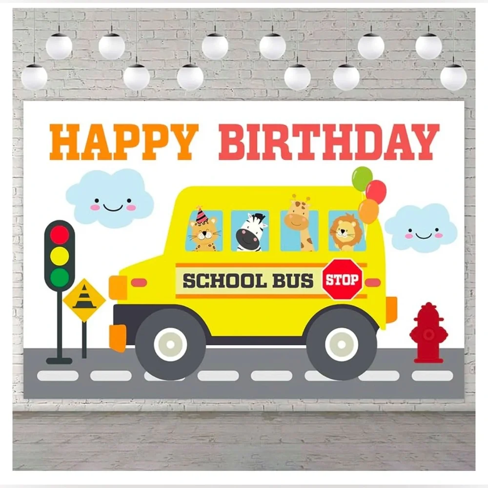 Yellow School Bus Happy Birthday Banner, 47 x 71,Backdrop Background Photo Booth